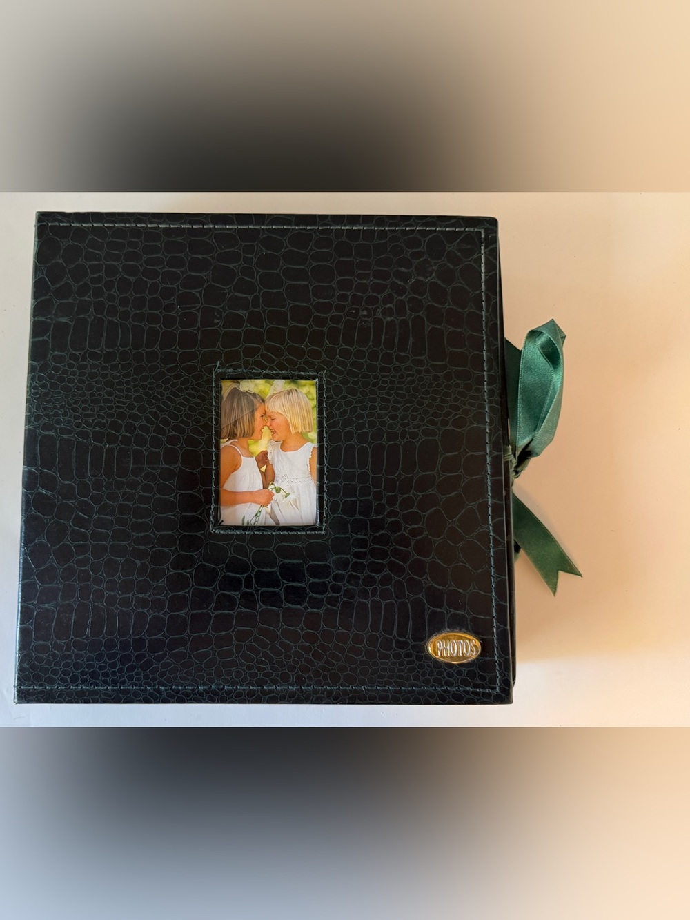Green Croc-Embossed Photo Album Book with Ribbon Closure, Green